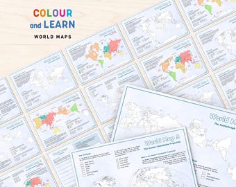 World Maps Printable Colouring Activity, Kids Geography, Map Learning, Colour and Learn For Classroom and Homeschool DIGITAL DOWNLOAD