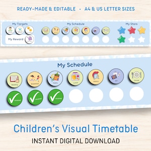 May include: A blue and white visual timetable for children with a schedule of activities including reading, breaktime, maths, lunch, history, art, and dinner. The timetable has a section for targets, rewards, and stars.