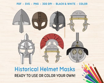 Máscaras de capacete histórico | Fantasia de história, máscaras de cabine fotográfica, decoração para sala de aula, escola em casa, festa à fantasia, aniversário de crianças, máscaras digitais