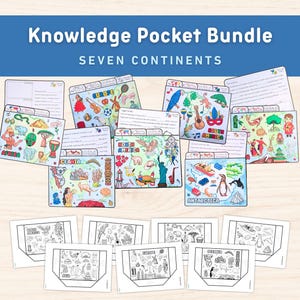Puede incluir: Un conjunto de siete carpetas de bolsillo temáticas de los continentes, coloridas e ilustradas con animales, monumentos y símbolos culturales. Cada carpeta tiene un título, como "África", "Oceanía" y "Antártida". Las carpetas están diseñadas para fines educativos y se pueden utilizar para guardar información sobre cada continente.