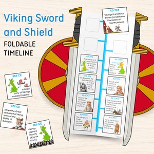 Printable Vikings Foldable Timeline, AD & CE, Sword and Shield, Educate About British History Learning Homeschool Resource Digital Download