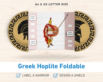 Escudo plegable de hoplita de la Antigua Grecia, recurso digital imprimible en PDF para el aprendizaje de la historia antigua en la educación primaria, para aulas y educación en el hogar.