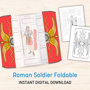 Puede incluir: Un modelo de soldado romano plegable imprimible con un escudo rojo con alas doradas. El modelo tiene espacios en blanco para escribir y dibujar. El texto "Roman Soldier Foldable" y "Instant Digital Download" está en la parte inferior de la imagen.