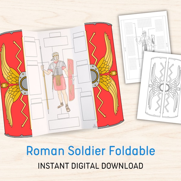 Romeinse soldaat opvouwbaar schild | Het oude Rome Geschiedenis leren Basisonderwijs Homeschool Resource Kleur afdrukbare PDF digitale download