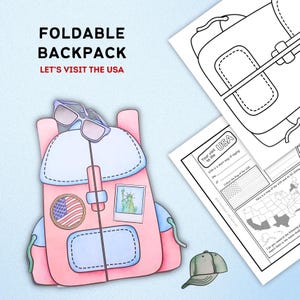 以下が含まれることがあります： 「FOLDABLE BACKPACK LET'S VISIT THE USA」と題された印刷可能なアクティビティセット。サングラス、国旗のワッペン、自由の女神の写真が付いたピンクと青のバックパックのカラーイラストと、白黒のワークシートが含まれています。