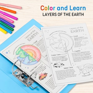May include: Color and Learn: Layers of the Earth coloring pages.  The pages feature a cross-section of the Earth with labels for the crust, mantle, outer core, and inner core.  The pages also include a diagram of tectonic plates.