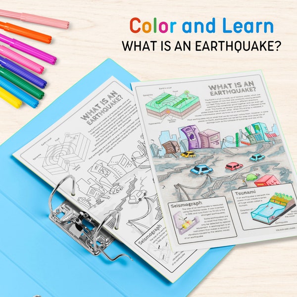 Printable Coloring Fact File, Earthquakes, Color and Learn, For Classroom and Homeschool Education, A4 and 8.5 x 11 inch, DIGITAL DOWNLOAD