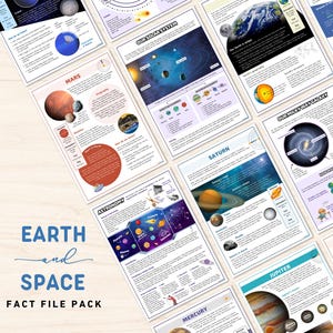 Puede incluir: Un conjunto de carteles educativos coloridos sobre la Tierra y el espacio. Los carteles presentan ilustraciones de planetas, estrellas y galaxias, junto con texto sobre sus características. Los carteles están titulados "Earth and Space Fact File Pack".