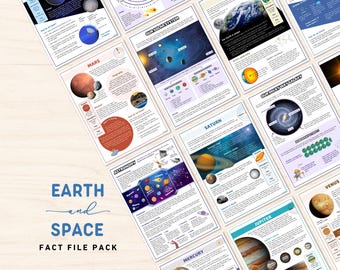 May include: A set of colorful educational posters about Earth and space. The posters feature illustrations of planets, stars, and galaxies, along with text about their characteristics. The posters are titled "Earth and Space Fact File Pack".