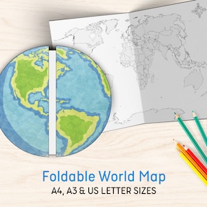 Weltkarte Faltbare Aktivität | Lernen Sie über die Erde Geographie Kreative Lernen Sie Zuhause Schule Montessori Ressourcen Druckbare PDF Digitaler Download