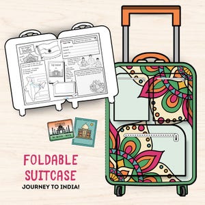 May include: A foldable suitcase with a colorful floral design in green, orange, pink, and yellow. The suitcase has a light blue background and a green border. The text "Foldable Suitcase Journey to India!" is at the bottom. Two white suitcases with India-themed illustrations are on the left.