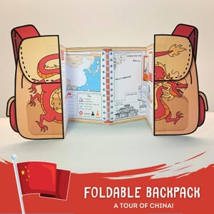 Może przedstawiać: Składany plecak z czerwonym wzorem smoka i napisem "A Tour of China!". Plecak otwiera się, ukazując mapę Chin i informacje o chińskim Nowym Roku. Chińska flaga znajduje się na pierwszym planie.