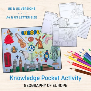 May include: A colorful illustrated map of Europe with landmarks and symbols from different countries. The map is part of a knowledge pocket activity for learning about the geography of Europe. The activity includes a map, a fact sheet, and a coloring page. The activity is available in both US and UK versions.