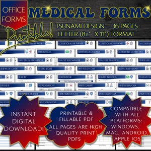 May include: A collage of 36 printable medical forms in a letter size (8.5 x 11 inches) format. The forms are designed with a blue and red colour scheme and feature a lock icon. The text "TSUNAMI DESIGN" and "INSTANT DIGITAL DOWNLOAD!" are visible. The forms are compatible with all platforms: Windows, Mac, Android, Apple iOS.
