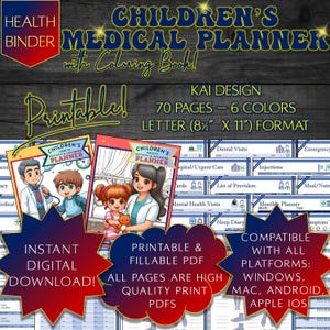 印刷可能な子供用医療プランナー、子供用ヘルスケアバインダー、健康プランナーPDF、放射線検査結果、歯科検診、病院検診、メンタルヘルス