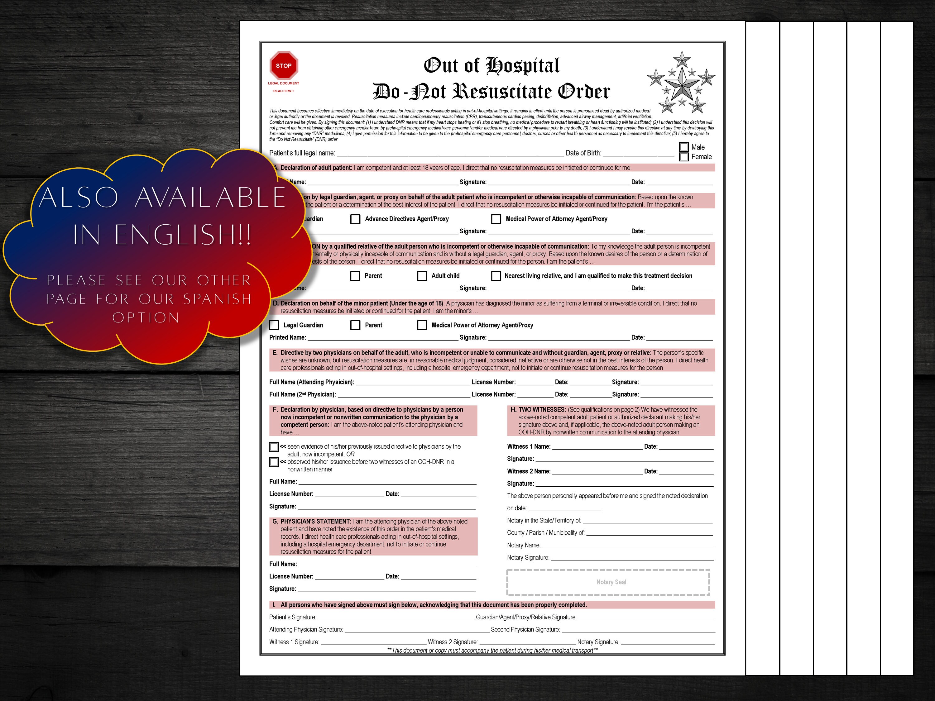 Do Not Resuscitate Order Form in Spanish Legal Form Out of Etsy