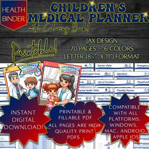 印刷可能な子供用医療プランナー、子供用ヘルスケアバインダー、健康プランナーPDF、血糖値トラッカー、アレルギー薬トラッカー、バイタルサイン