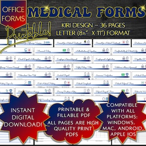 May include: A digital download of 36 printable medical forms in a blue and red colour scheme. The forms are designed in a letter size format (8.5 inches by 11 inches) and are compatible with all platforms, including Windows, Mac, Android, and Apple iOS. The text on the image reads "Office Forms, Medical Forms, Kiri Design - 36 Pages, Letter (8 1/2" x 11") Format, Instant Digital Download!, Printable & Fillable PDF, All Pages Are High Quality Print PDFs, Compatible With All Platforms: Windows, Mac, Android, Apple iOS".