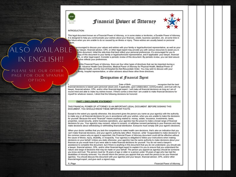 Financial Power of Attorney Form in Spanish Financial POA Durable Power