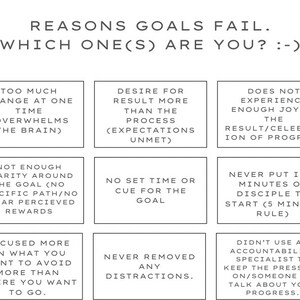May include: A motivational poster with a white background and black text. The poster lists nine reasons why goals fail. Each reason is written in a separate box with a black border.