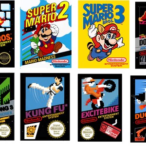 May include: A collage of eight vintage Nintendo game cartridges, including Super Mario Bros., Super Mario 2, Super Mario 3, Donkey Kong, Donkey Kong 8, Kung Fu, Excitebike, and Duck Hunt. The cartridges are arranged in a grid pattern on a white background.
