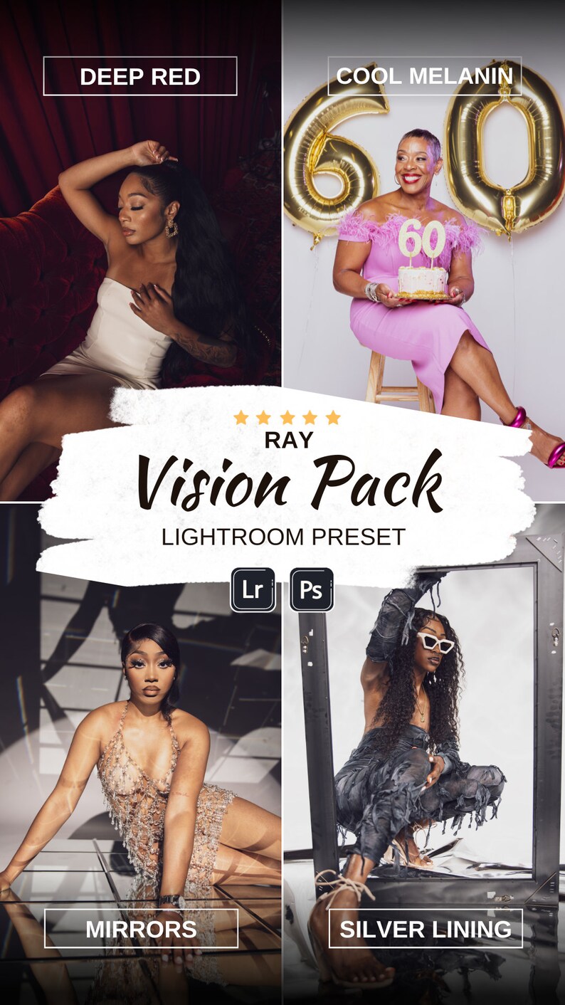 Op de afbeelding: Promotieafbeelding voor een Lightroom preset pack. Vier foto's van modellen worden getoond, met de teksten "DEEP RED", "COOL MELANIN", "MIRRORS" en "SILVER LINING". Het pack heet "RAY Vision Pack" en bevat Lightroom- en Photoshop-pictogrammen.