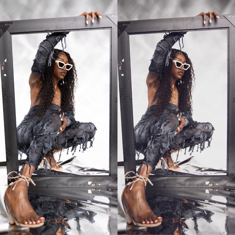 Op de afbeelding: Een donkergrijze, versleten outfit met lange mouwen en een bijpassende broek. De outfit wordt gecombineerd met een witte zonnebril en transparante sandalen met hakken. Het model wordt omlijst door een zwarte rechthoekige lijst.