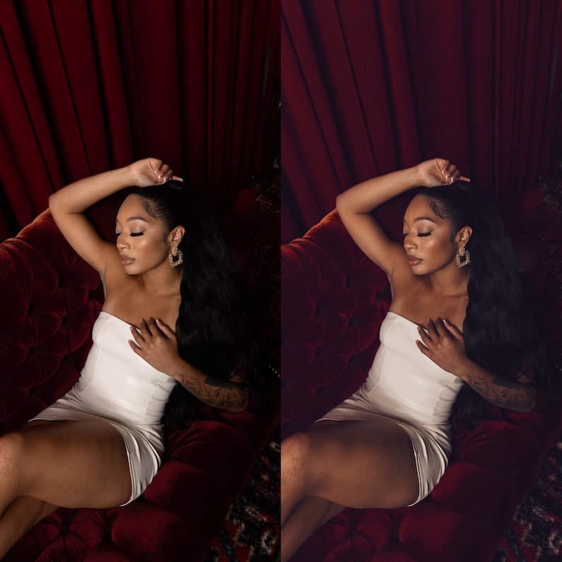 Op de afbeelding: Een vrouw in een witte strapless jurk en gouden oorbellen ligt op een rode fluwelen bank. Haar lange zwarte haar is in een hoge paardenstaart. Op de achtergrond een donkerrood gordijn.