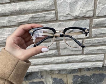 Luxus Brille - Unisex Retro Mode Schwarz & Vergoldete Klare Linsen Brille