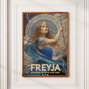Norse Deity Poster | Norse goddess Freyja wall art | Mystical goddess print | Norse Female Figure Wall hangings | Blue and gold deity poster