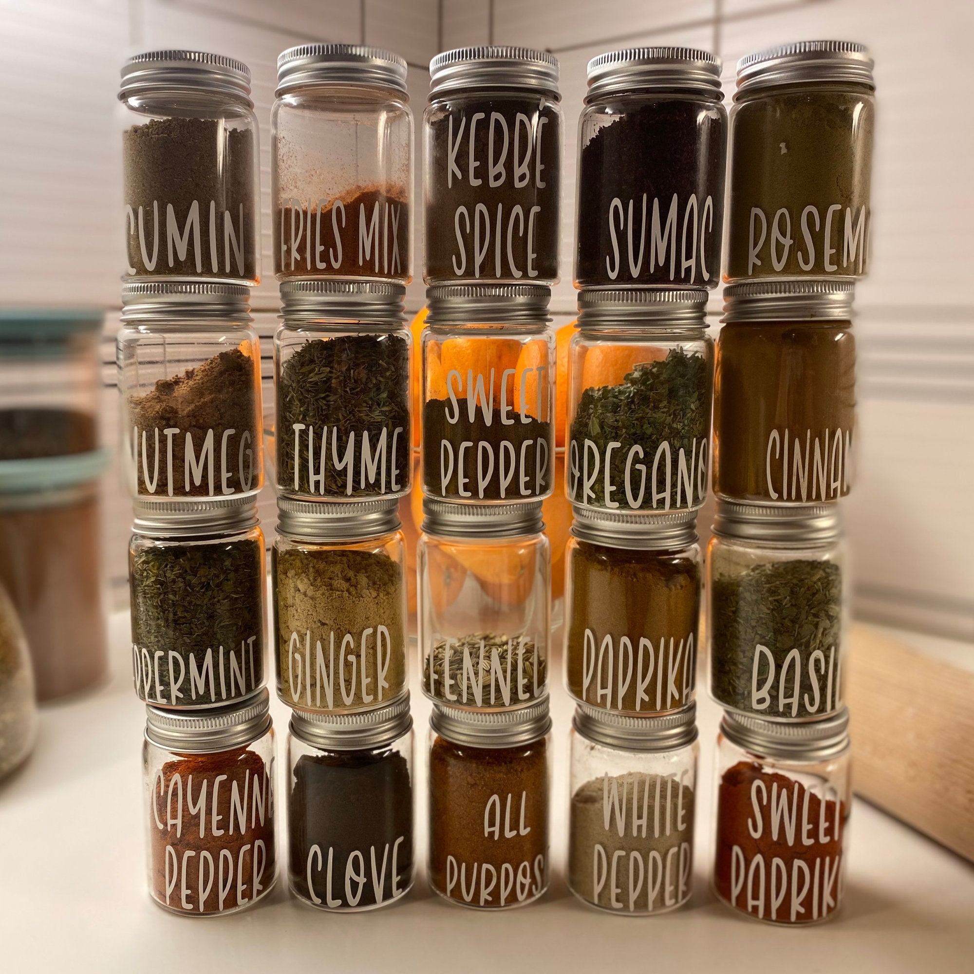 Small spice jar, colors: beige, green, direct position, on kitchen