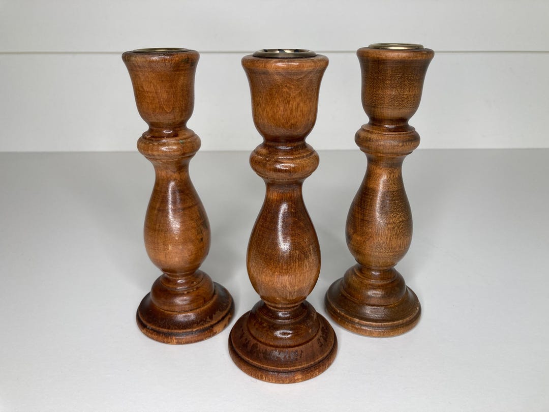 Vintage Set of Three Turned Wood Candlestick Holders - Etsy