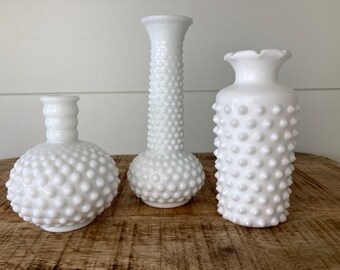 Set of 3 Vintage Hobnail Milk Glass Vases