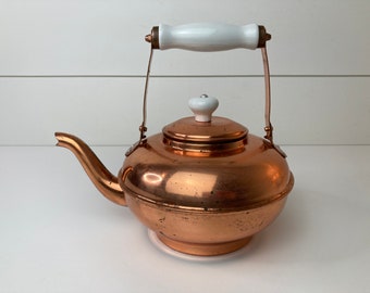 Vintage Copper Tea Kettle with White Ceramic Handle and Knob