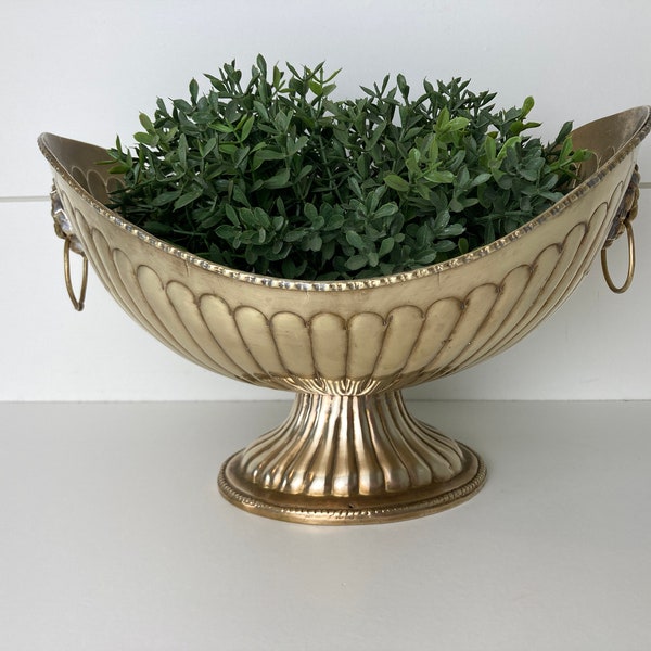 Brass Pedestal Bowl with Lion Head Hoop Handles