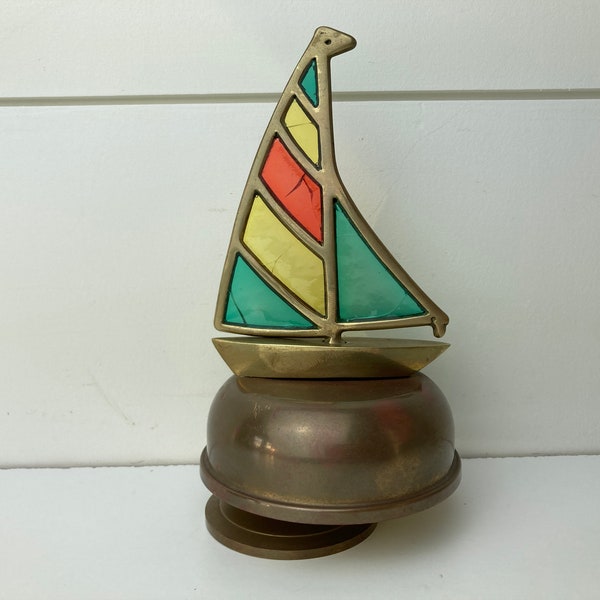 Vintage Brass and Stained Glass Sailboat Musical Box