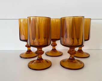 Set of 5 Vintage Amber Glass Pedestal Drinking Glasses