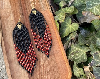 Matte black red gold beaded earrings, Long fringe earrings, Seed bead earrings, Chandelier earring, Boho earrings, Beadwork Dangle earrings