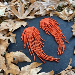 Extra long burnt orange beaded fringe earrings, Halloween earrings,shiny orange earrings, seed bead earrings, dangle earrings,unique earring
