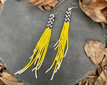 Yellow black beaded earrings, extra long fringe earrings, Boho beaded earrings,huichol tube earrings, Seed Bead earrings, Tribal Fashion