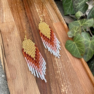 Gold ivory ombre beaded earrings Long Fringe earrings Luxury Ombre earrings Seed bead earrings Chandelier earring Boho beadwork earrings