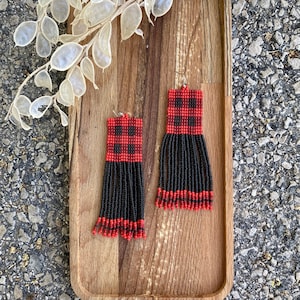 Red black beaded earrings, beaded fringe earrings,red plaid earring, long modern earring, red tones earring,abstract earring, fringe earring