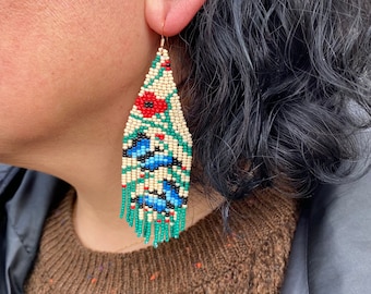 Blue butterfly and poppy beaded fringe earring, poppy garden earring, seed bead earrings, blossoms dangle boho earrings , natural earring