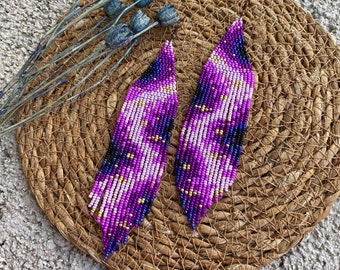 Galaxy earrings, space earrings, beaded earrings,nebula earrings, cosmic earrings,boho fringe earrings, galaxy jewelry, dangle earrings