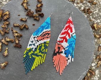 Colorful abstract beaded earrings, natural long modern earrings, fringe earrings, abstract, colorful, mothersday gift, beaded jewelry,trendy