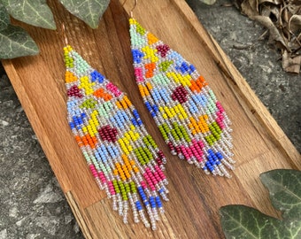 Color palette Handwoven beaded earrings, long modern earrings, fringe earrings, colorful, abstract, gift for her, beaded jewelry, trendy