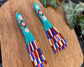 Turquoise bohemian beaded earrings, boho fringe earrings,tube beaded earrings,  Native Style Beaded Earrings, Boho, Seed Bead earrings