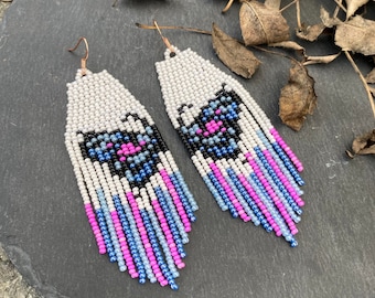 Purple and blue butterfly beaded fringe earring, king butterfly earring, seed bead earrings, blossoms dangle boho earrings , natural earring