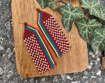 Abstract rainbow beaded earrings Fringe seed bead earrings Modern earrings Boho chic style earrings Dangle statement bead earrings