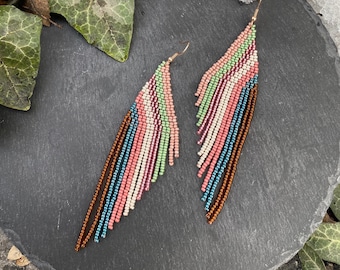Shiny colorful lines beaded earrings, long beaded earrings, seed bead earrings Nature earrings beaded earrings Fringe beaded earring